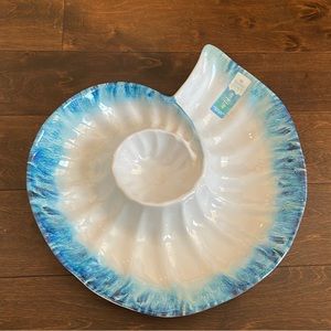 New Sigrid Olsen CONCH SHELL MELAMINE CHIP & DIP TRAY 15" Diameter Blue White
